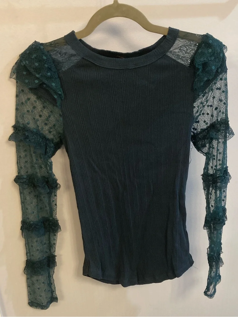 Free People Kiss Kiss Ruffle Lace Sleeve Ribbed Shirt Dark Green